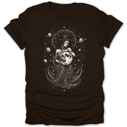 Woman with afro holding moon among planets and stars in black and white graphic print.