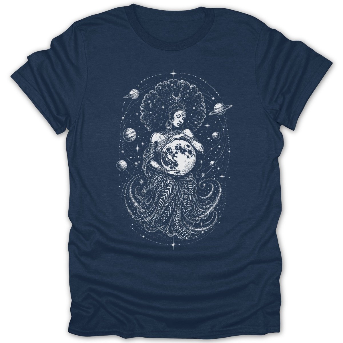 Woman with afro holding moon, surrounded by planets and stars.