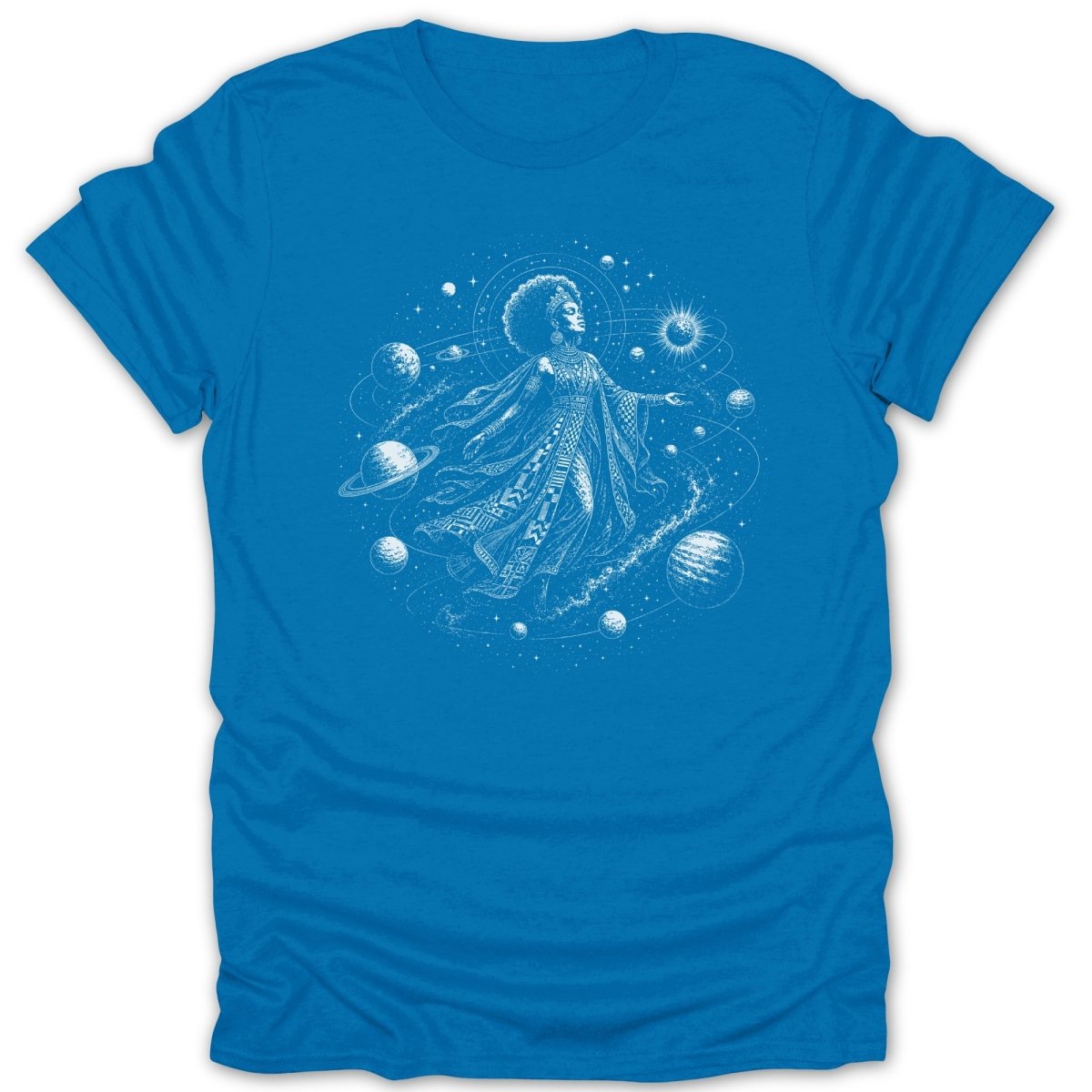 White graphic of a woman with an afro surrounded by planets and stars on a blue t-shirt.