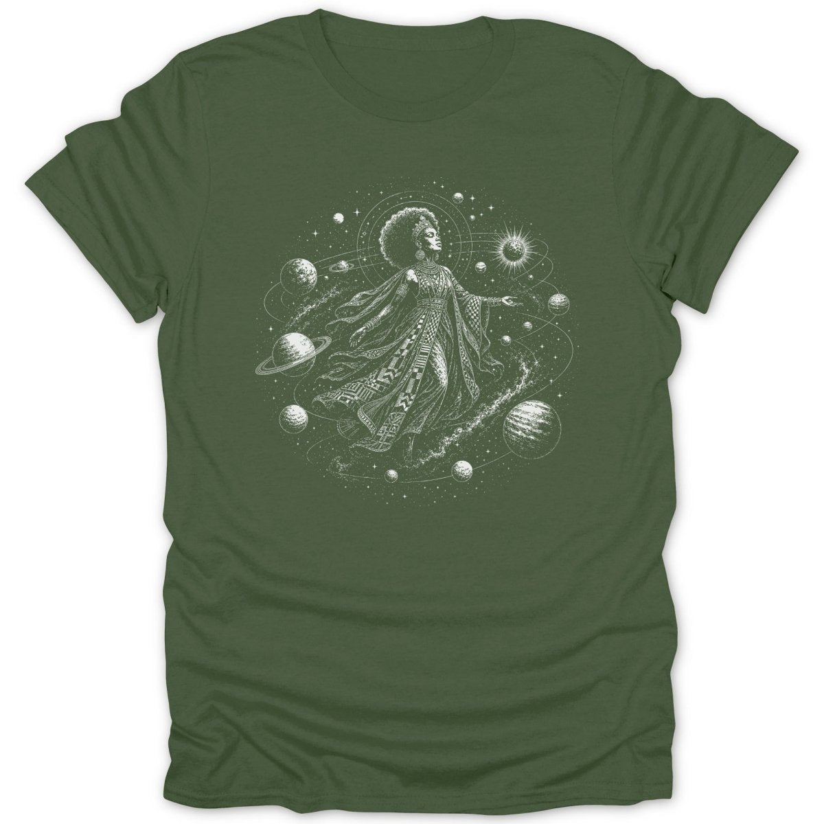 Illustration of a woman with an afro surrounded by planets and stars.
