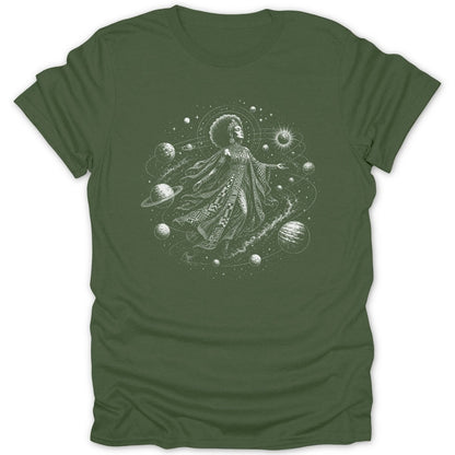 Illustration of a woman with an afro surrounded by planets and stars.