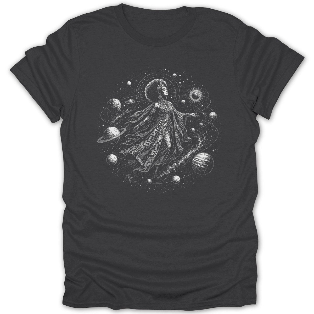 Graphic of a woman with an afro surrounded by celestial bodies and planets.