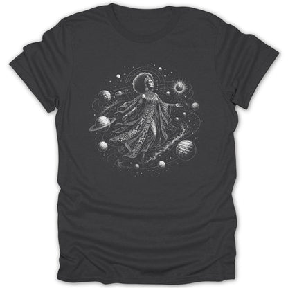 Graphic of a woman with an afro surrounded by celestial bodies and planets.