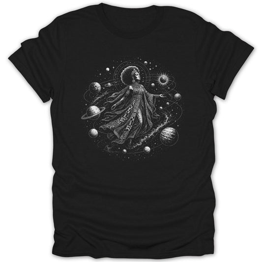 Black t-shirt featuring a woman in a patterned dress surrounded by celestial bodies and stars.