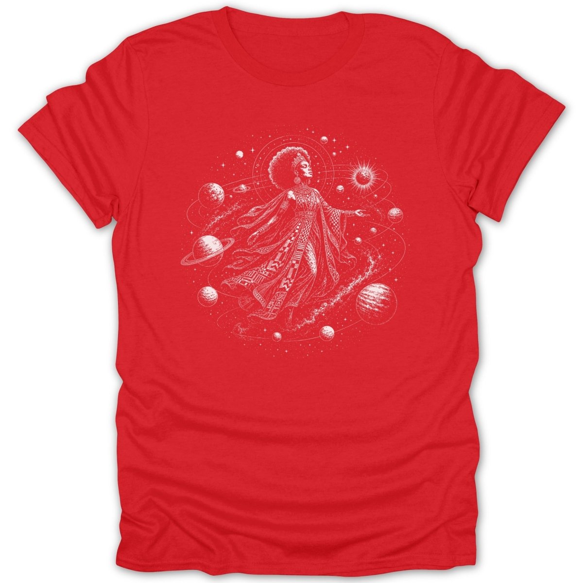 Red t-shirt with a white line drawing of a woman among planets and stars.
