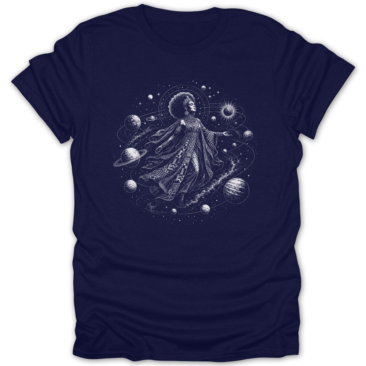 Woman in ornate dress and crown floating among planets, stars, and a sun.