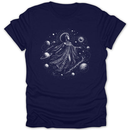Woman in ornate dress and crown floating among planets, stars, and a sun.