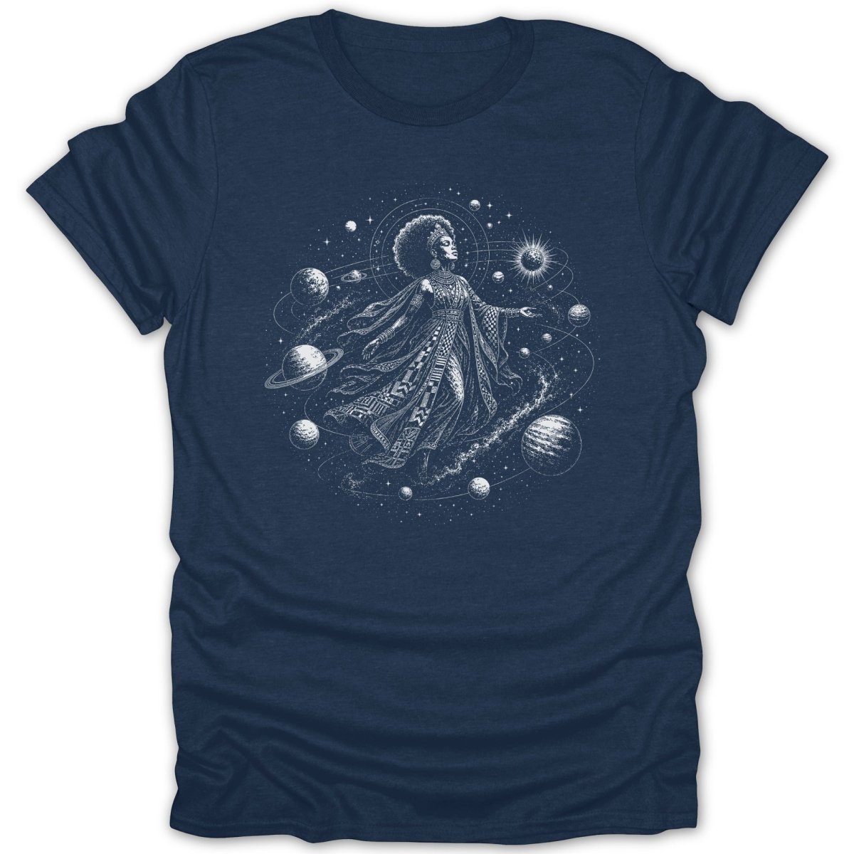 Woman with afro wearing ornamental dress floating in space with planets and stars.