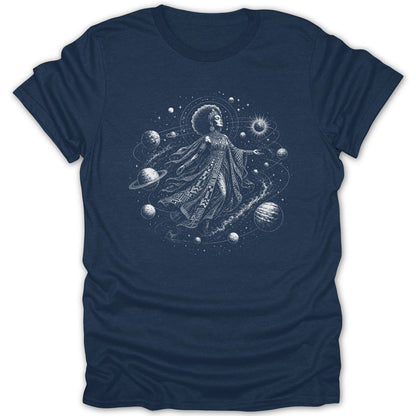 Woman with afro wearing ornamental dress floating in space with planets and stars.