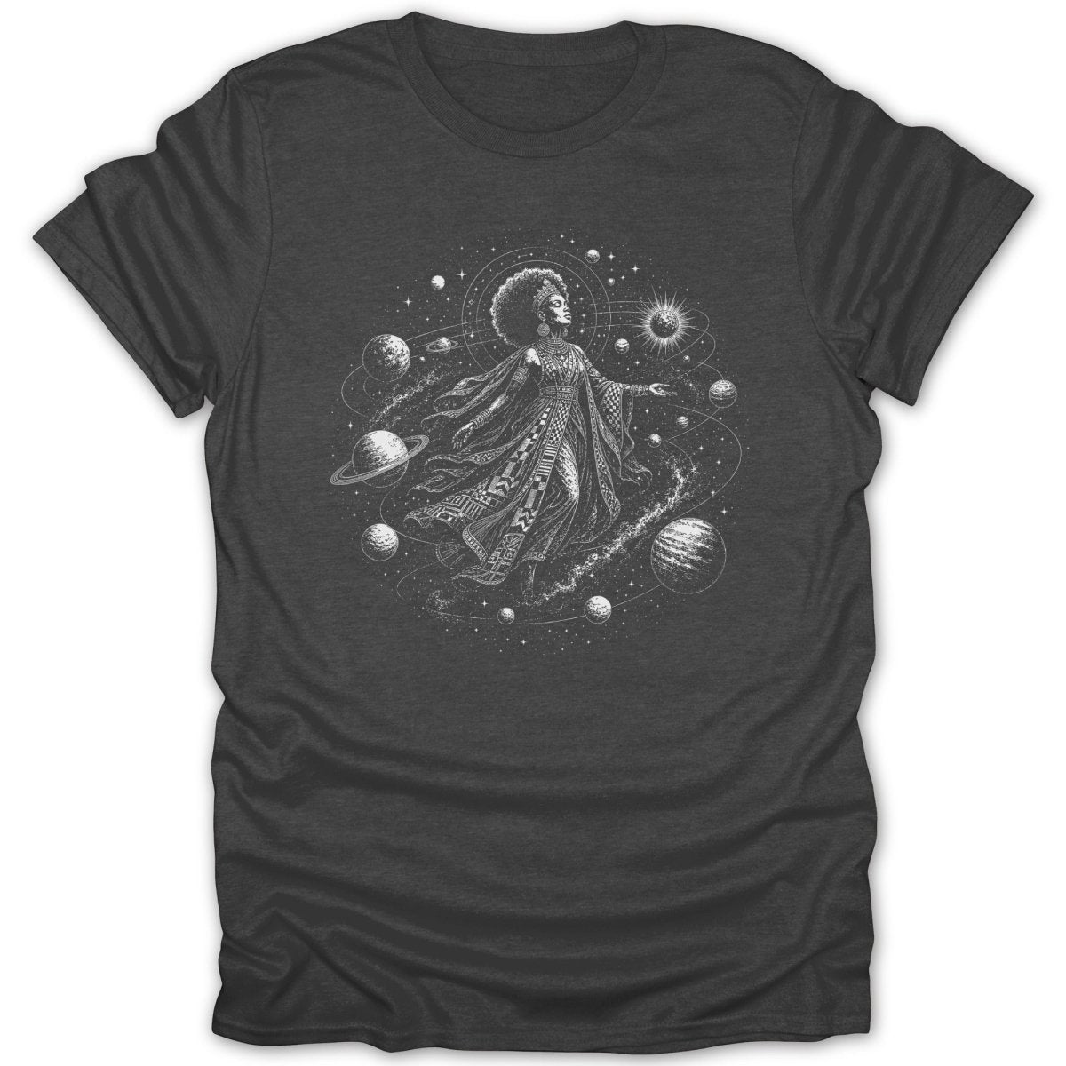 Black t-shirt graphic of a woman in a patterned dress surrounded by planets and stars.