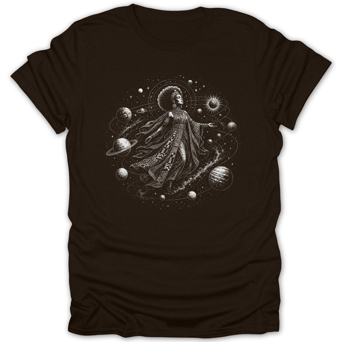 Woman with afro and crown in stylized cosmic print surrounded by planets and stars.
