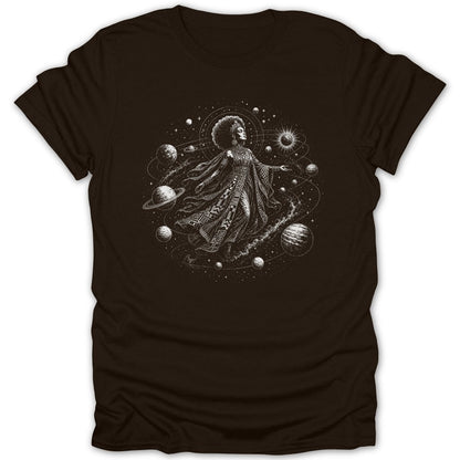 Woman with afro and crown in stylized cosmic print surrounded by planets and stars.