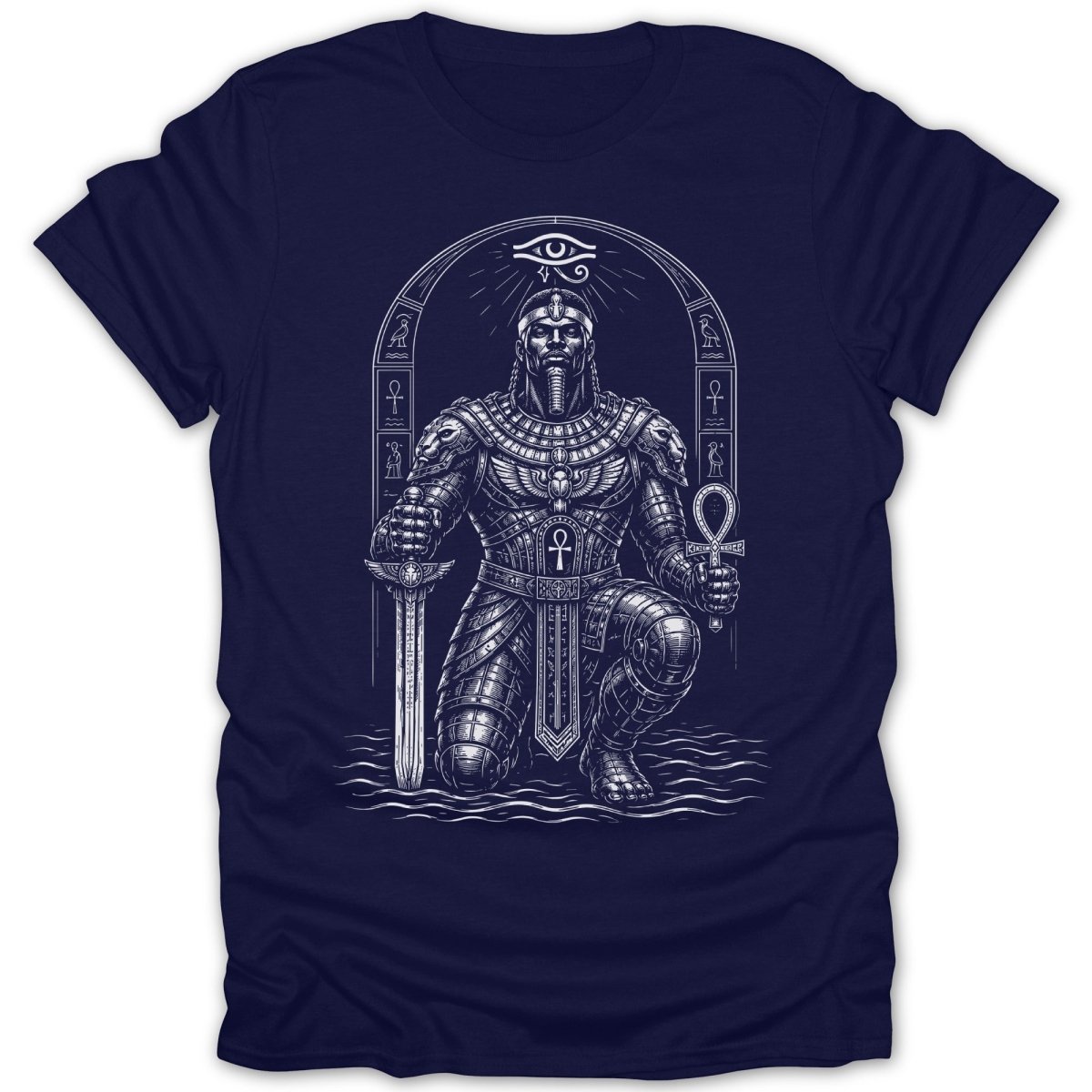 Egyptian pharaoh in ornate armor kneels holding a sword and ankh.