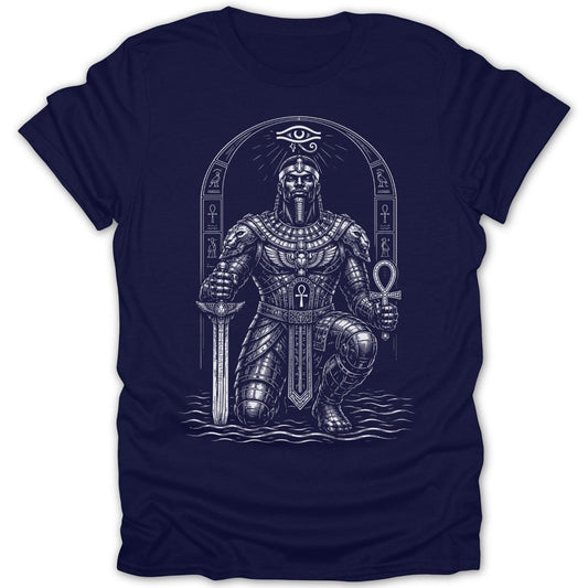 Egyptian pharaoh in ornate armor kneels holding a sword and ankh.