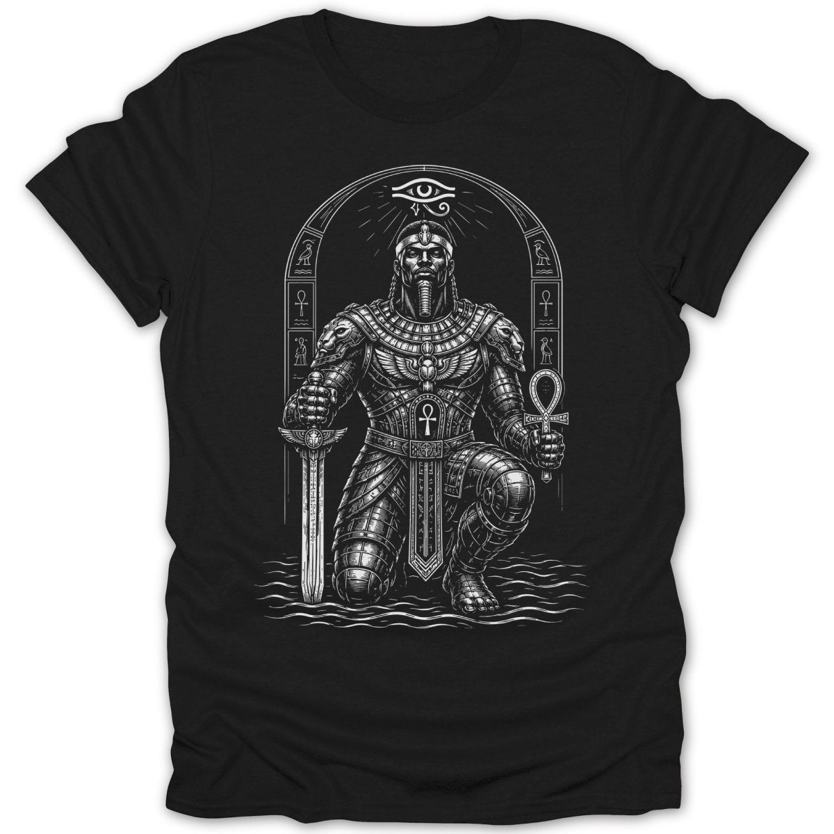 Egyptian warrior kneeling with sword and ankh, wearing ornate armor.