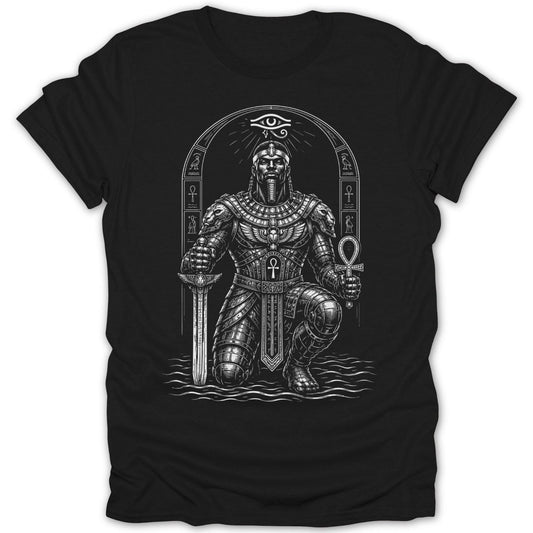 Egyptian warrior kneeling with sword and ankh, wearing ornate armor.