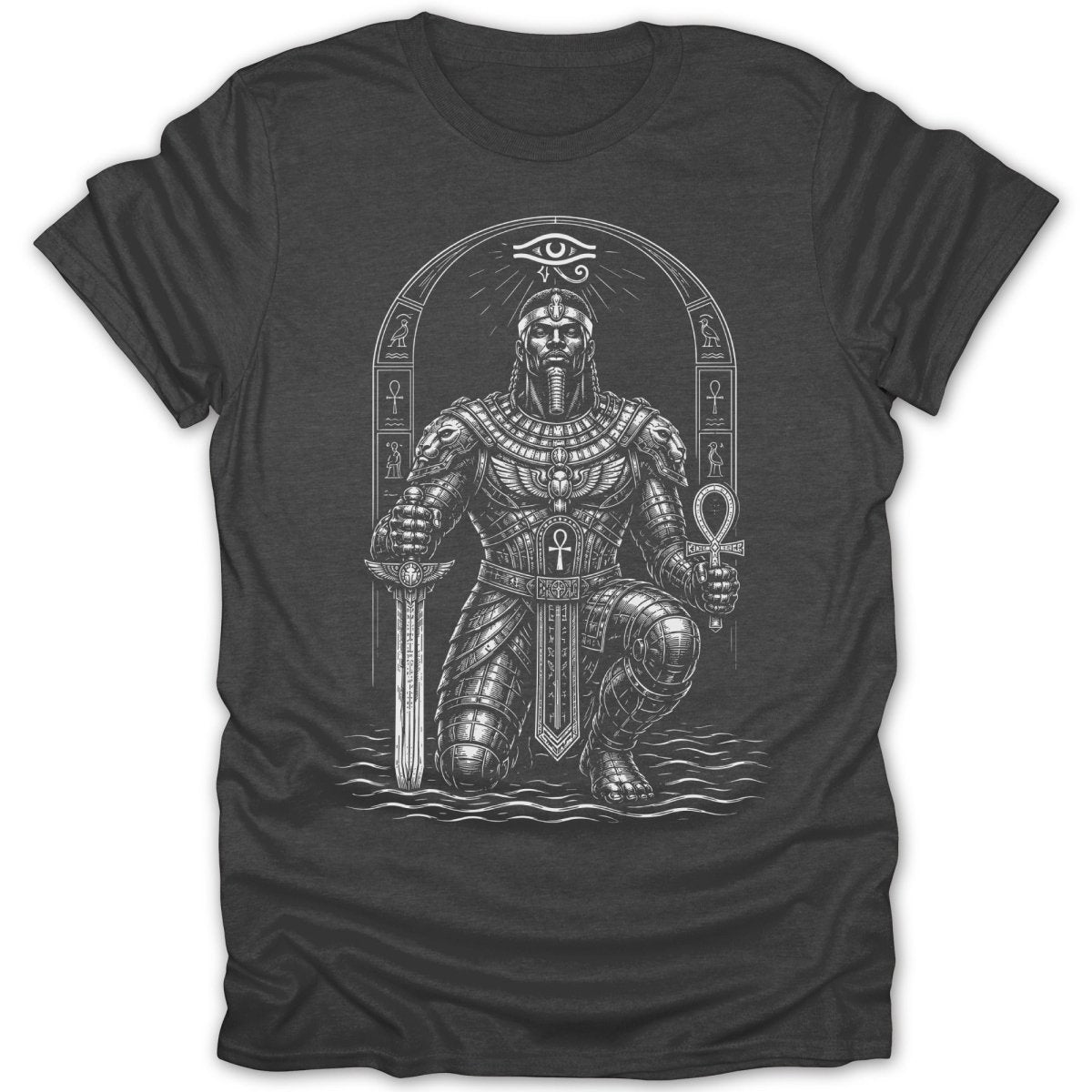 Egyptian pharaoh kneeling with sword and ankh, arched eye symbol above.