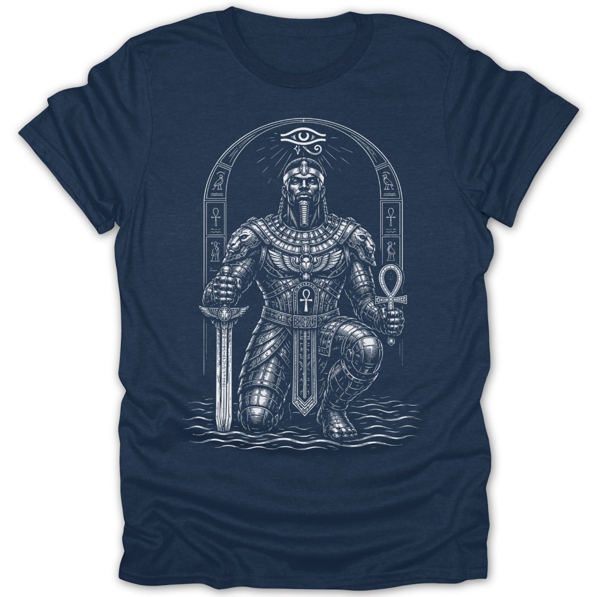 Knight in ornate armor kneeling with sword and ankh, Egyptian hieroglyphs.