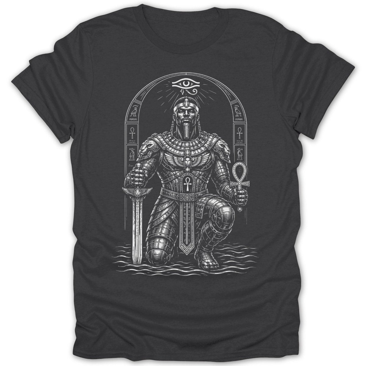 Kneeling Egyptian warrior in ornate armor, holding sword and ankh.