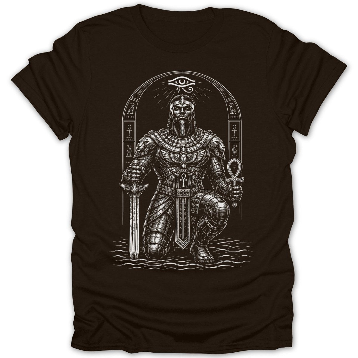 Kneeling pharaoh in ornate armor holds sword and ankh under Eye of Horus.