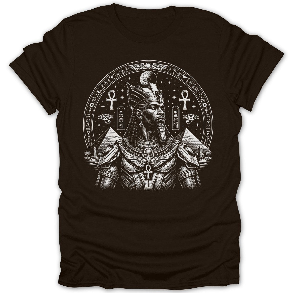 Dark t-shirt with black and white Egyptian pharaoh illustration.