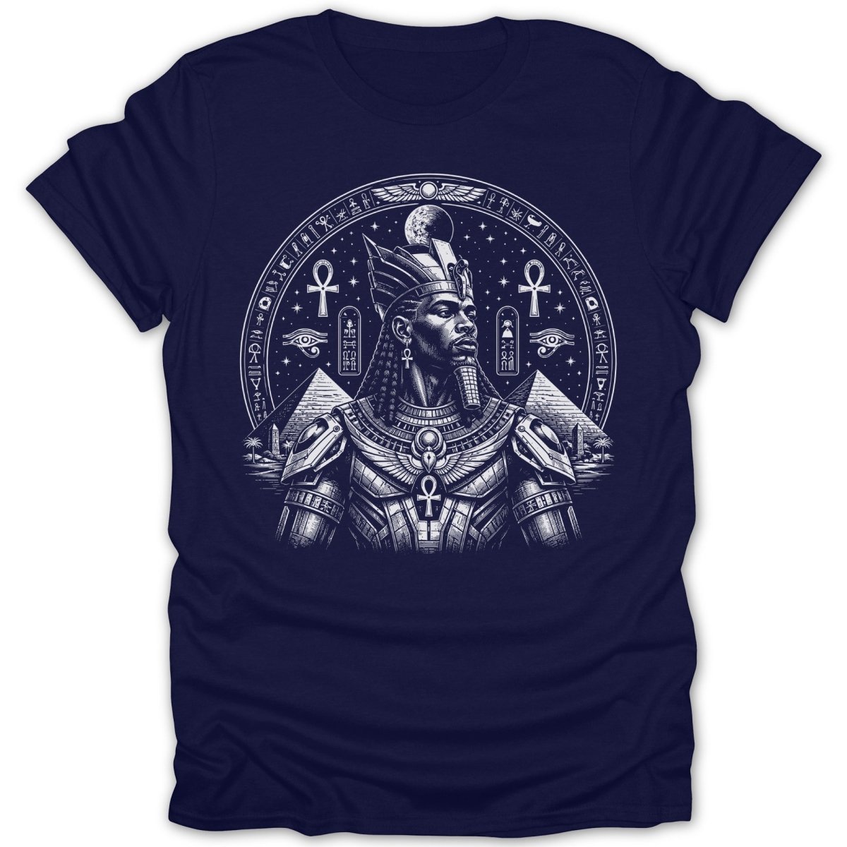 Pharaoh in Egyptian headdress, pyramids, and hieroglyphs on a navy t-shirt.