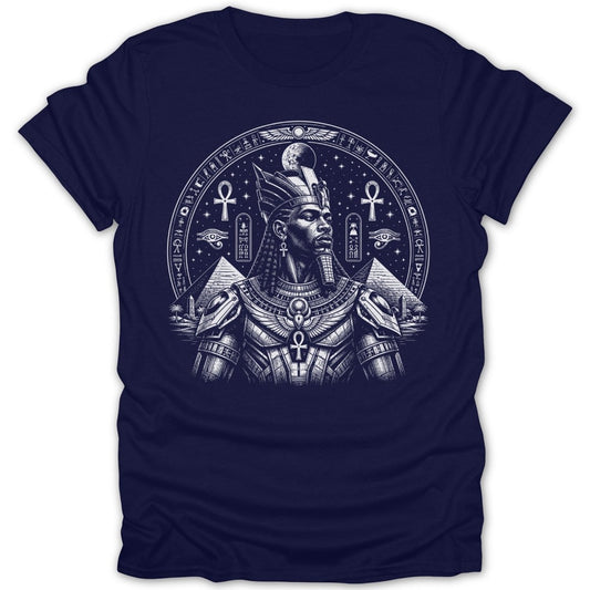 Pharaoh in Egyptian headdress, pyramids, and hieroglyphs on a navy t-shirt.
