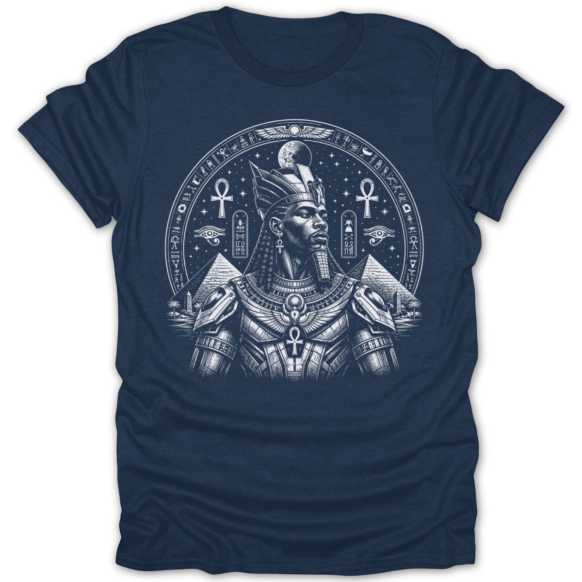 T-shirt featuring an ancient Egyptian pharaoh surrounded by hieroglyphs and pyramids.