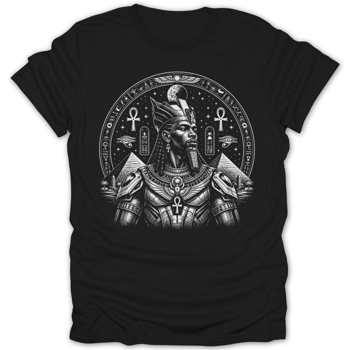 Black t-shirt featuring an Egyptian pharaoh in a circular design with pyramids.