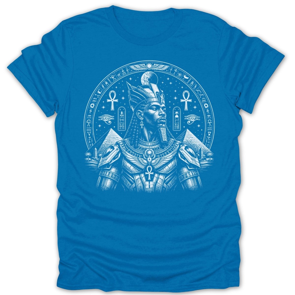 Blue t-shirt with Egyptian pharaoh and hieroglyphs design.