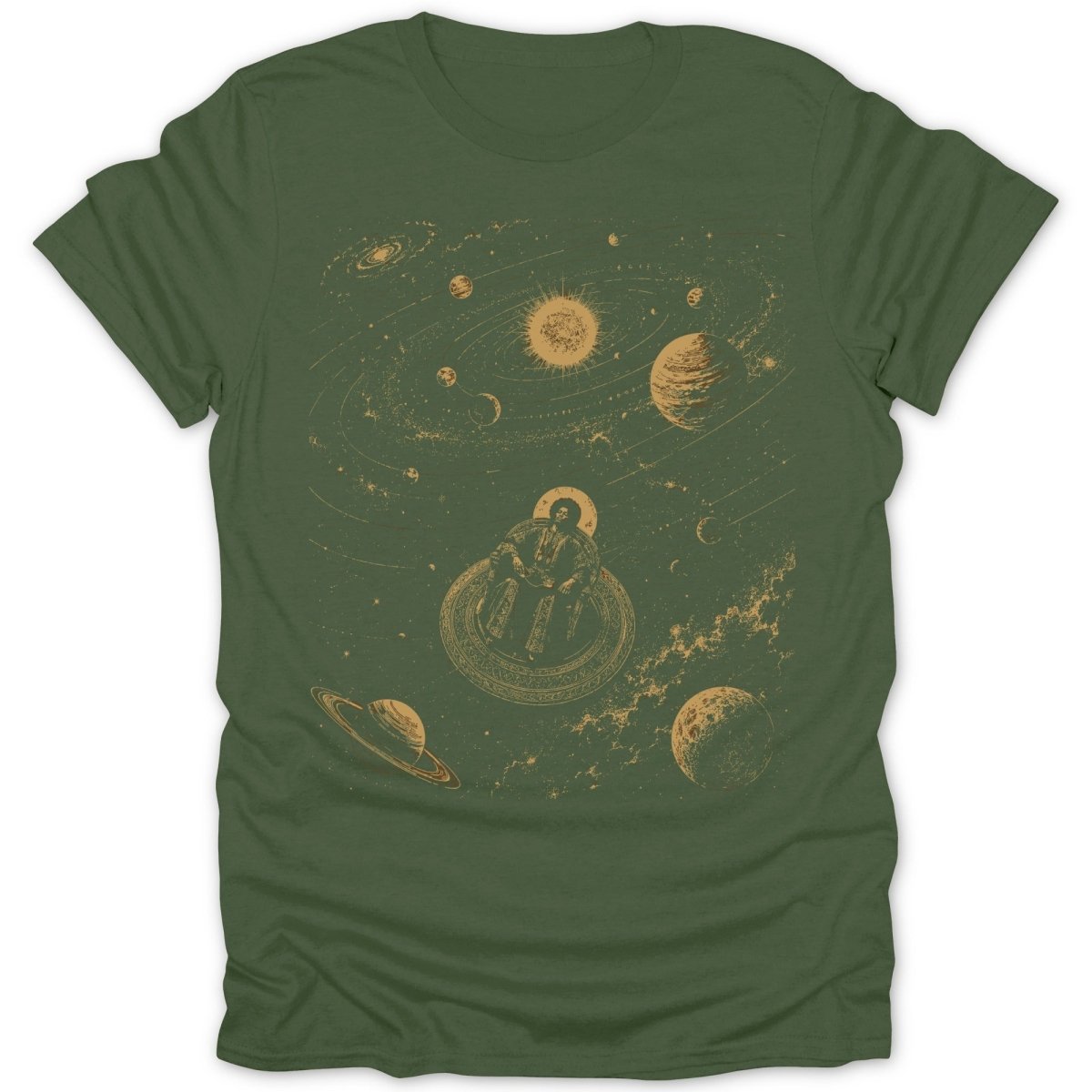 T-shirt with vintage space graphic featuring a seated figure and planets.