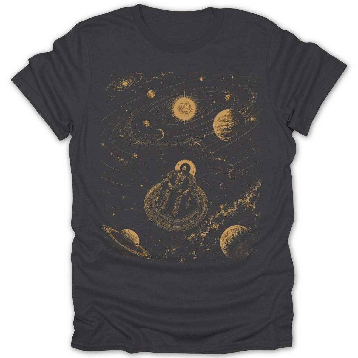 Dark t-shirt with a cosmic print of a figure in a chair surrounded by planets and stars.