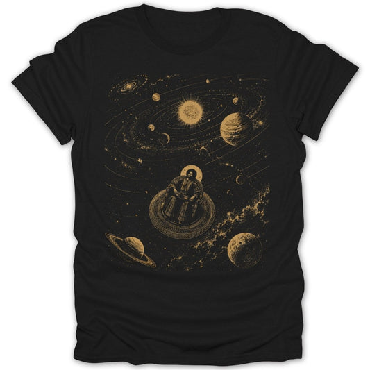 Man sitting in ornate chair surrounded by planets and a solar system graphic.