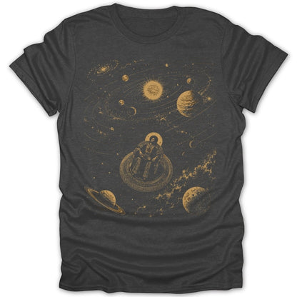 A figure sits on a circular ornate platform surrounded by planets and galaxies.