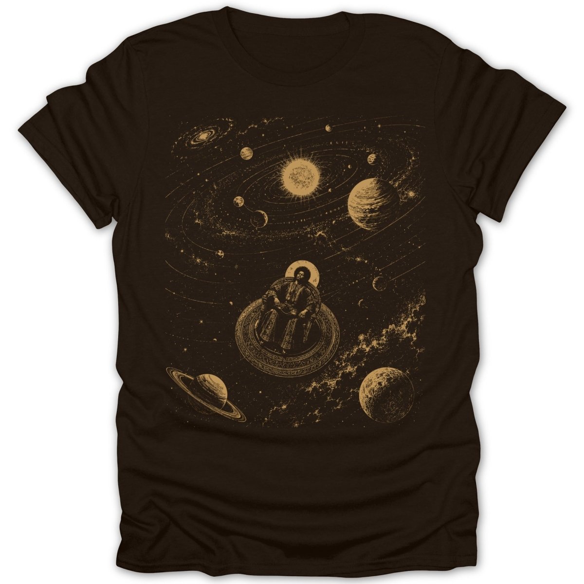 Figure seated in ornate chair surrounded by planets and galaxies on brown t-shirt.