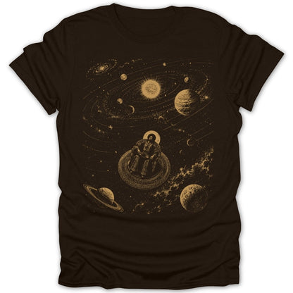 Figure seated in ornate chair surrounded by planets and galaxies on brown t-shirt.
