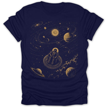 Man sitting in ornate chair surrounded by planets and galaxies in deep space.