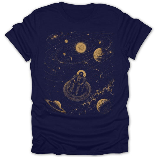 Man sitting in ornate chair surrounded by planets and galaxies in deep space.