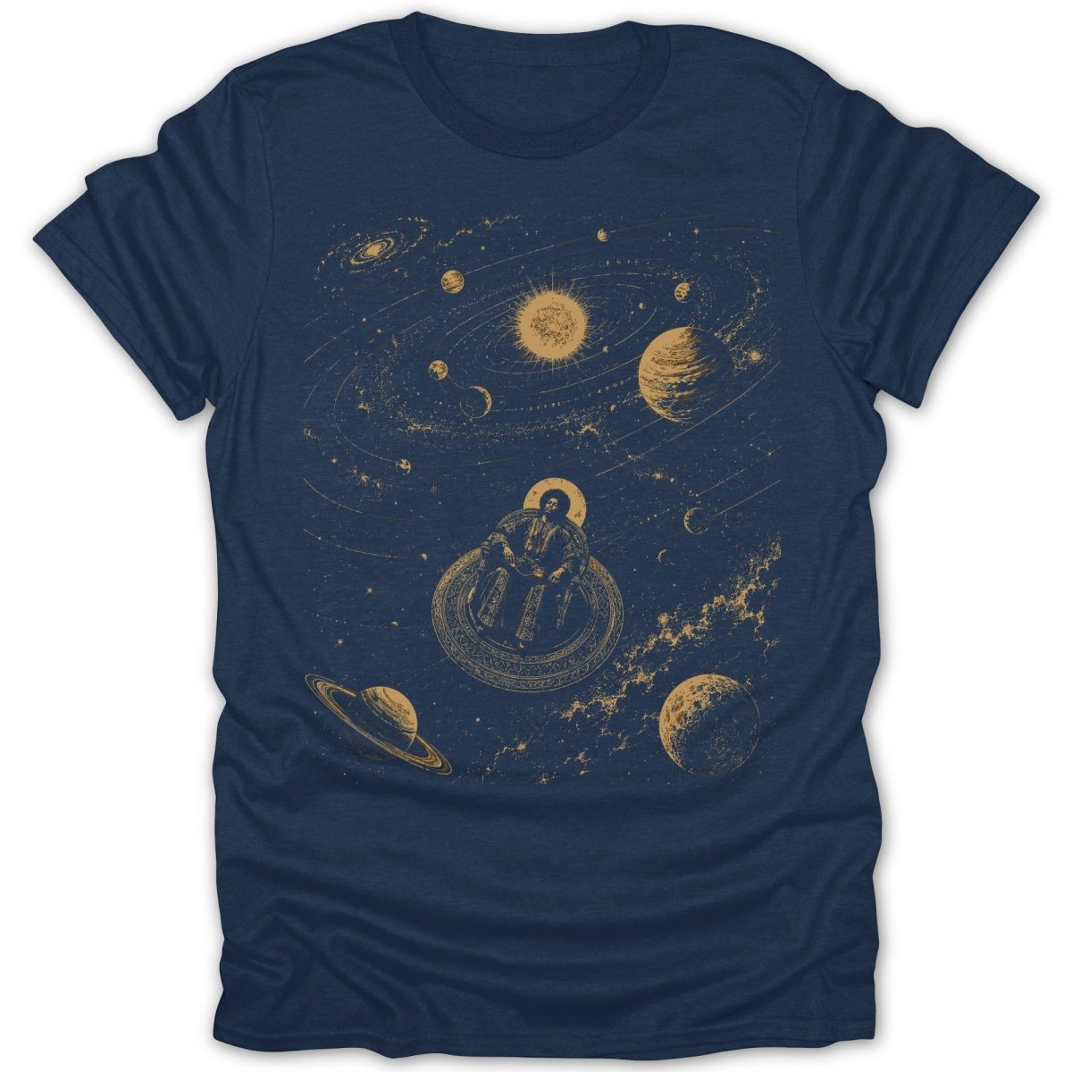 Man sitting enthroned in a cosmic scene with planets and stars.