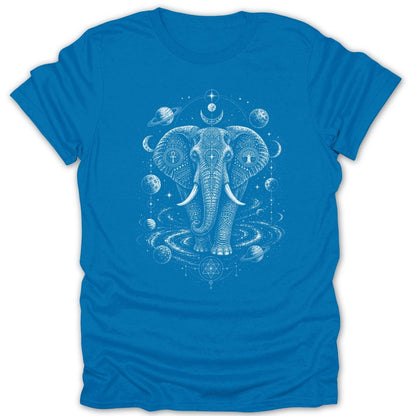 Blue t-shirt with white linework of an elephant surrounded by planets and cosmic symbols.