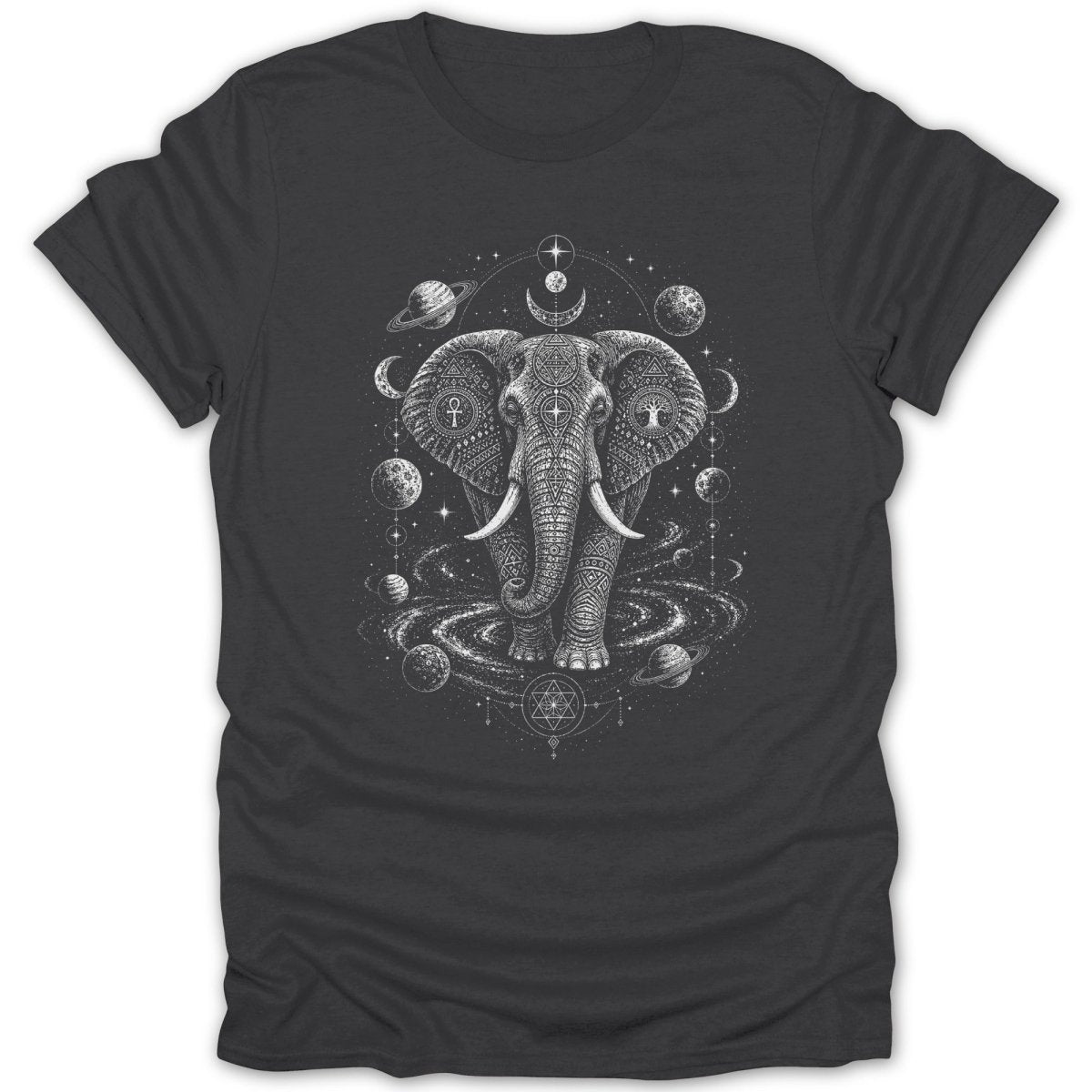 Detailed elephant surrounded by celestial elements, planets, and geometric shapes.