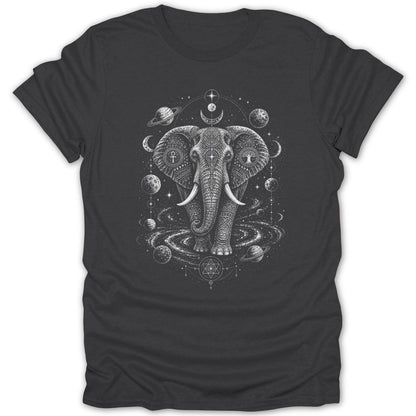 Detailed elephant surrounded by celestial elements, planets, and geometric shapes.