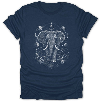 T-shirt with intricate white elephant and celestial bodies design.