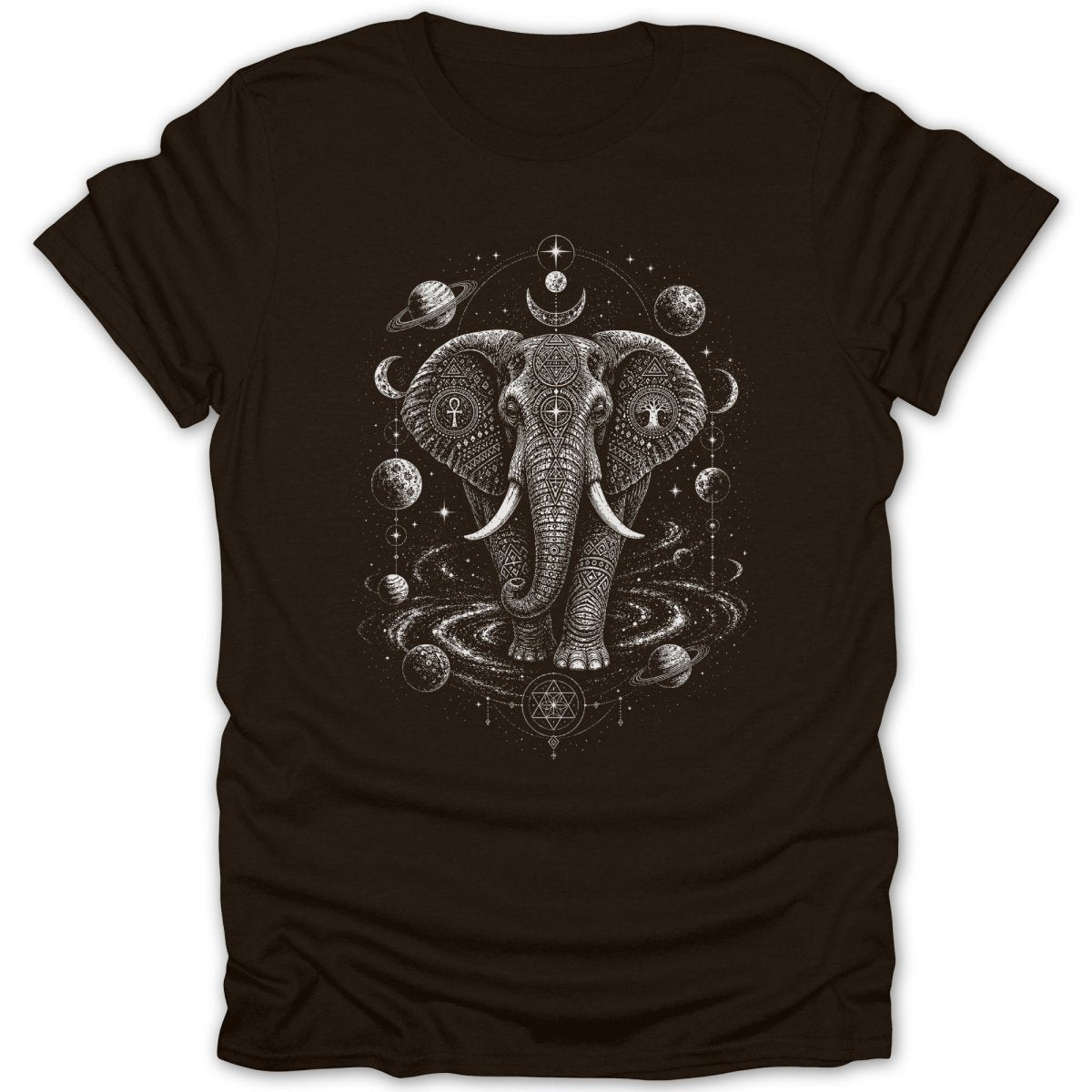 Ornate elephant surrounded by celestial bodies and geometric patterns.