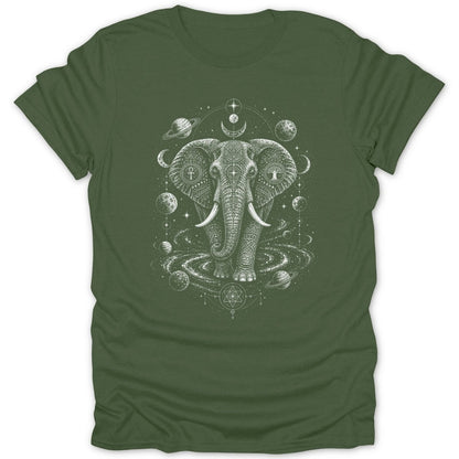 T-shirt with white celestial elephant design surrounded by planets and moons.