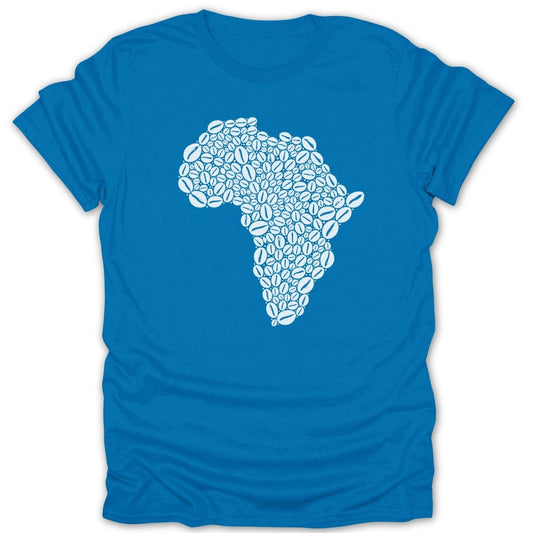 T-shirt with Africa map made of white coffee beans.