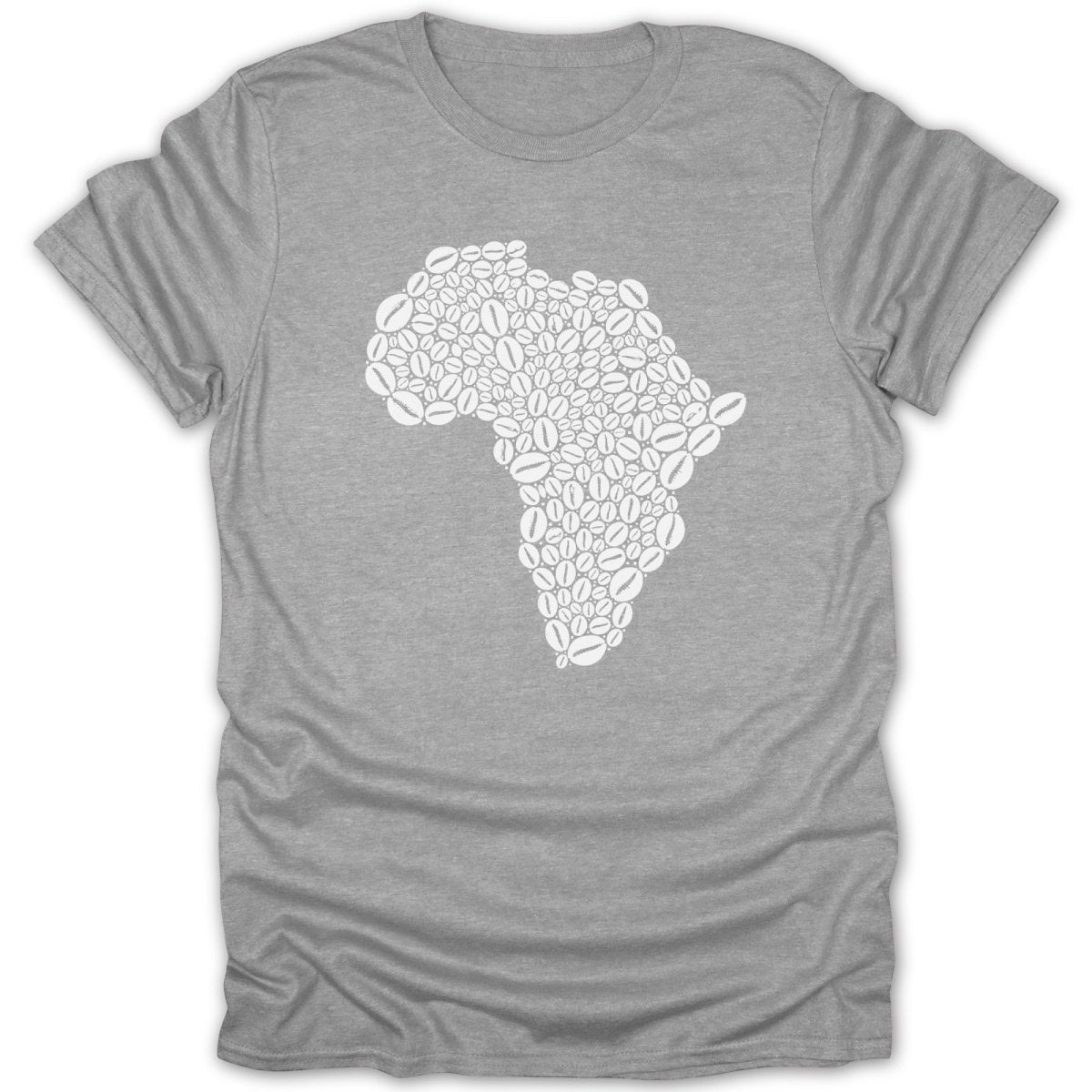 Gray t-shirt with a map of Africa made from coffee beans.