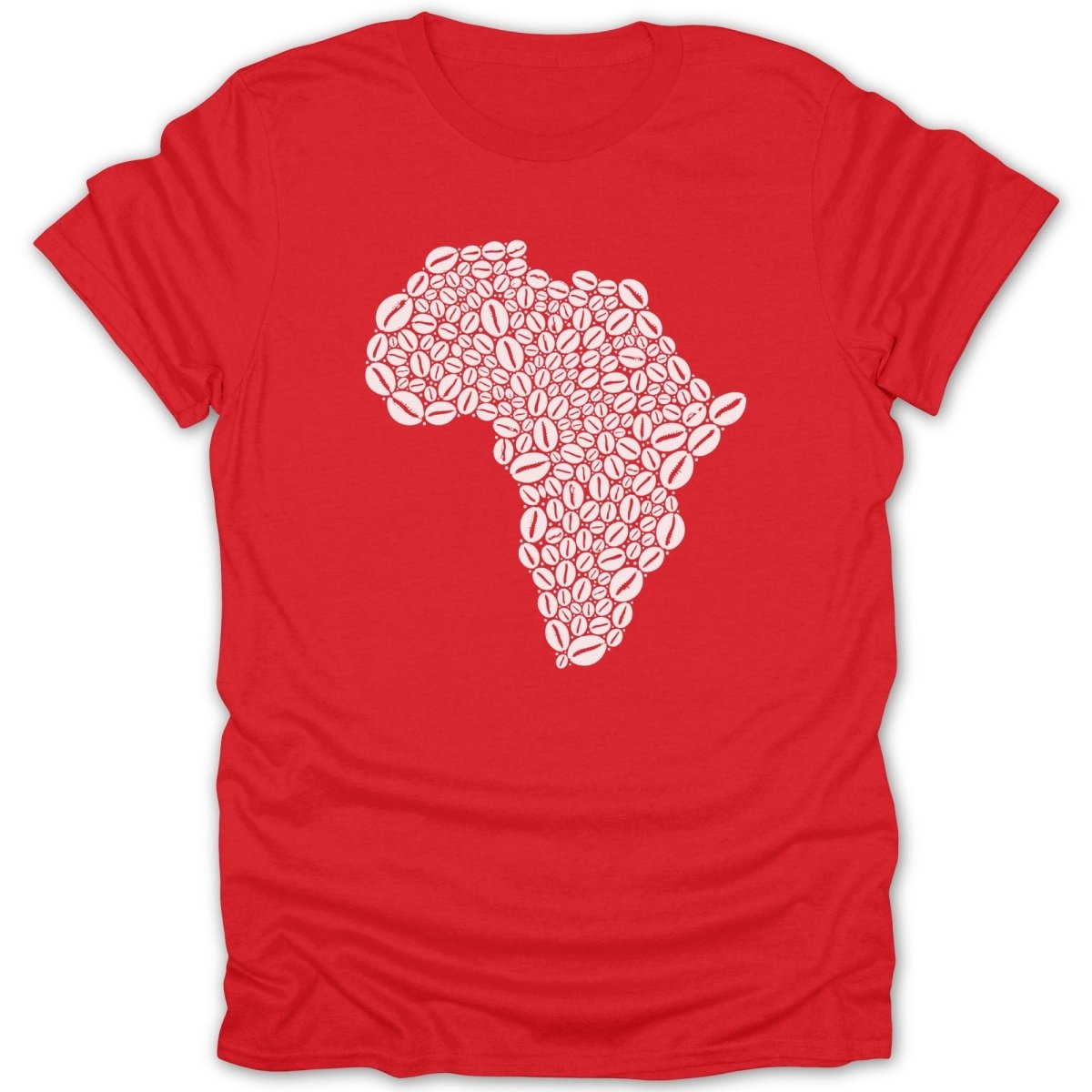Red t-shirt with Africa map graphic made of coffee beans.