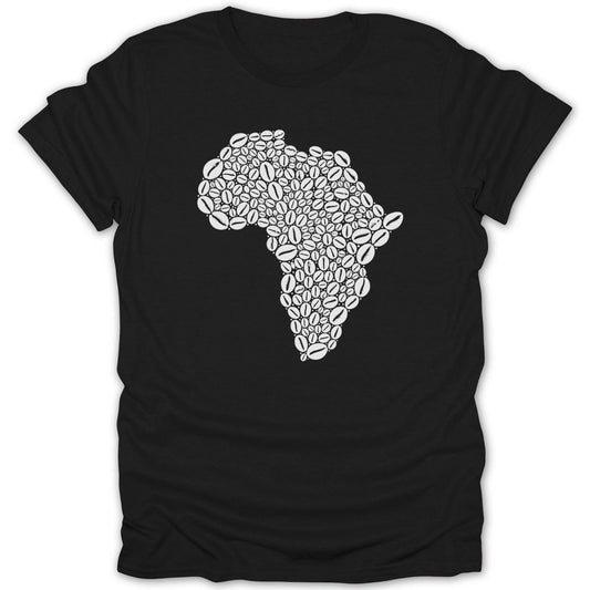 Black t-shirt with Africa map graphic made of coffee beans.
