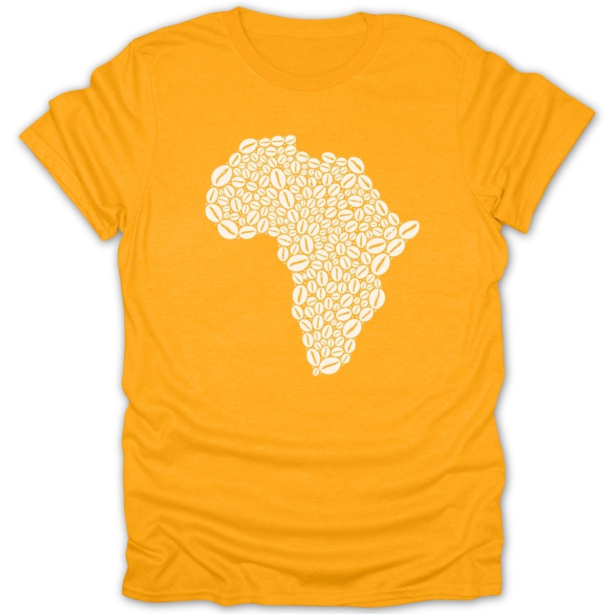 Yellow t-shirt with a white coffee bean outline of the continent of Africa.